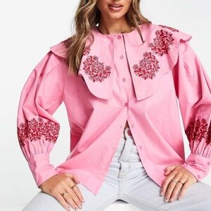 Damson Madder poplin broderie trim blouse in pink